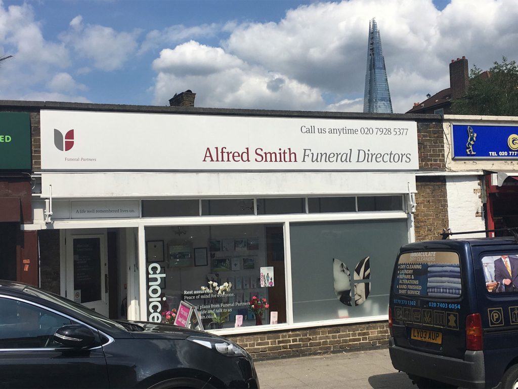 Front facade of Alfred Smith Funeral Directors in Southwark