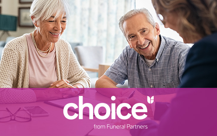 An older man and woman smiling with the caption "Choice from Funeral Partners"